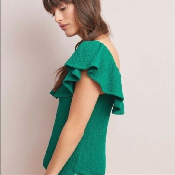 Anthropologie Off Shoulder Ruffle Green Top Sz XS - Picture 2 of 11